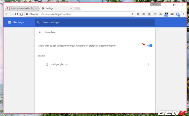  Gạt sang “ON” ở lựa chọn “Allow sites to ask to become default handlers for protocols (recommended)” là xong. 