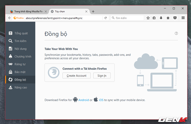  Tại đây, bạn hãy nhập tài khoản Firefox của mình vào. Trường hợp nếu chưa có tài khoản, hãy nhấn “Create Account” để khởi tạo. 