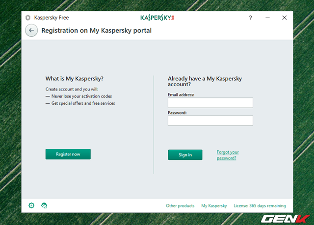  Khi đã khởi động xong, Kaspersky Free sẽ chuyển sang giao diện kích hoạt bản quyền phần mềm. Việc kích hoạt sẽ diễn ra hoàn toàn tự động. Và việc bạn cần làm chỉ đơn giản là nhập tài khoản Kaspersky của mình vào. Nếu chưa có, bạn có thể đăng ký cho mình thông qua lựa chọn “Register now”. 