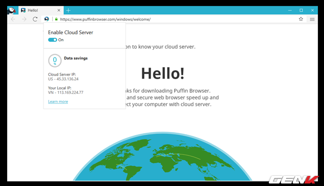  Khi nhấp vào biểu tượng Puffin, cửa sổ chức năng kết nối server từ xa sẽ xuất hiện. Tại đây bạn sẽ được cung cấp một số thông tin về tình trạng kết nối, mức độ tiết kiệm dữ liệu và IP hiện tại, cũng như IP server đăng kết nối. 