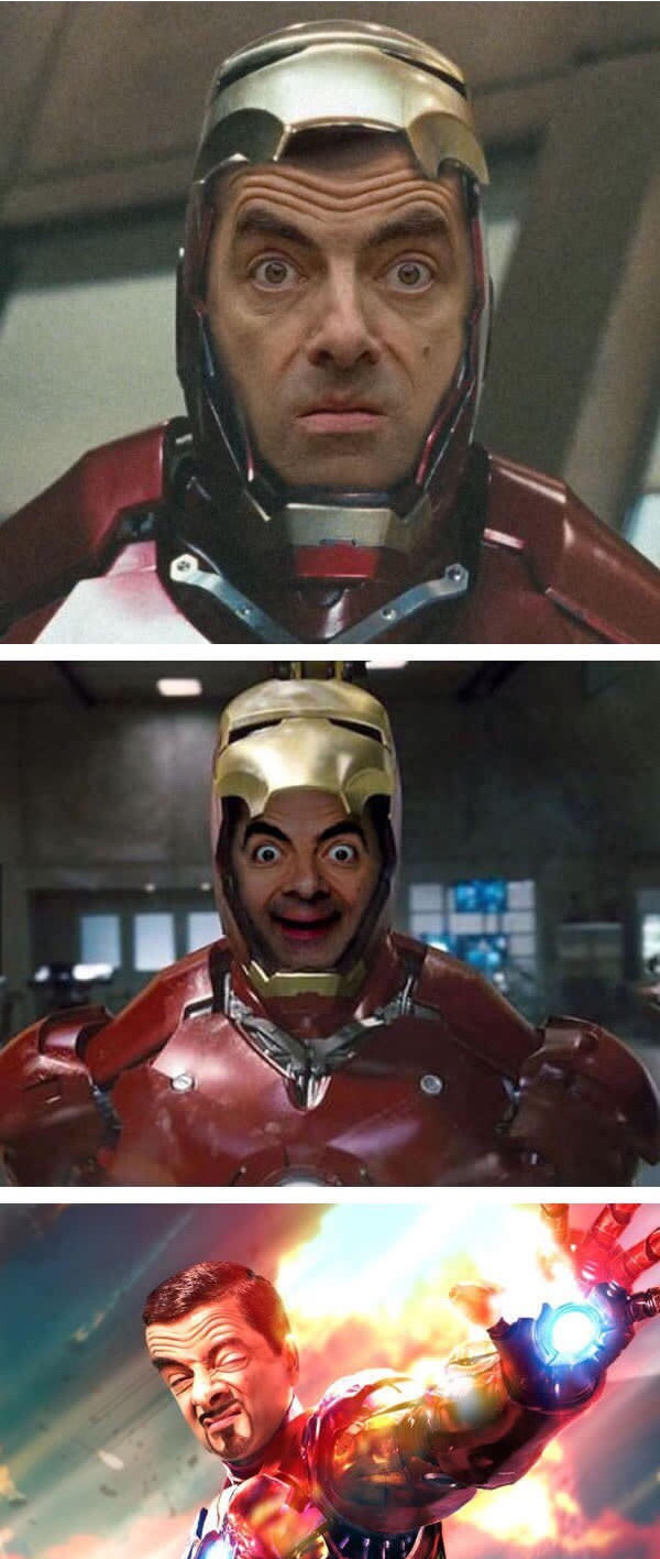 
Bean vói vẻ mặt ngạc nhiên, hài hước và ngầu trong bộ giáp Iron Man.
