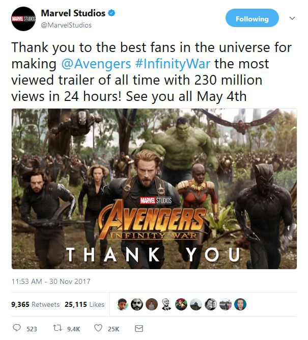  Lời cảm ơn của Marvel Studios đối với các fans trên toàn vũ trụ vì đã giúp cho trailer Infinity War đạt được một kỷ lục tự hào như vậy 