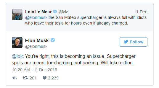  Loic Le Meur: trạm sạc tại San Mateo toàn những thanh niên thiếu ý thức để xe tại đò dù đã sạc đầy pin rồi. Elon Musk: Anh nói đúng, đây đang dần trở thành một vấn đề nhức nhối. Trạm sạc supercharger là để sạc chứ không phải để đỗ xe. Sẽ xử lý. 