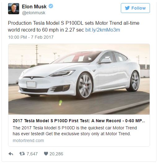  Elon Musk khoe kỷ lục xe Tesla vừa thiết lập trên Twitter 