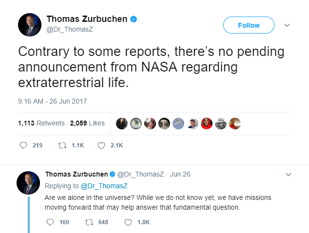  Trái ngược với một số báo cáo, không có công bố nào từ NASA về vấn đề sự sống ngoài hành tinh. Chúng ta có cô đơn trong vũ trụ này? Hiện tại thì ta chưa biết, nhưng ta đang có những sứ mệnh nghiên cứu nhằm trả lời câu hỏi quan trọng ấy. 