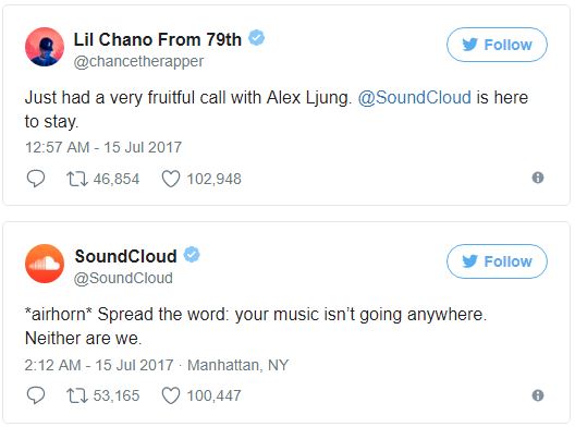 Chưa đầy 24 giờ sau sứ mệnh đã được Chance hoàn thành và SoundCloud cũng vui mừng thông báo rằng họ vẫn sống