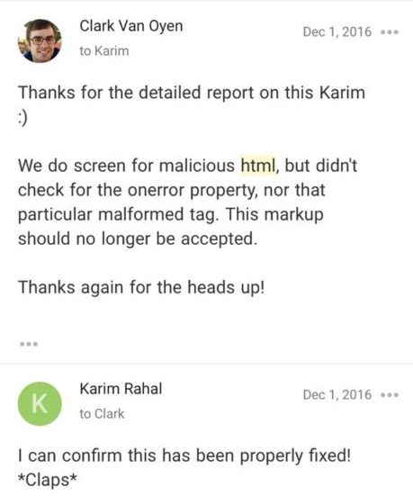  Email liên lạc giữa nhà phát triển và Karim Rahal. 