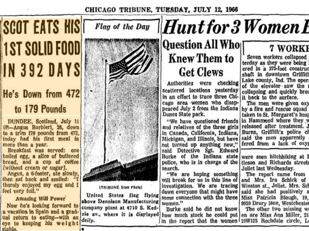  Mẩu tin trên tờ Chicago Tribune với tiêu đề: Người đàn ông Scotland ăn bữa đầu tiên sau 392 ngày. 