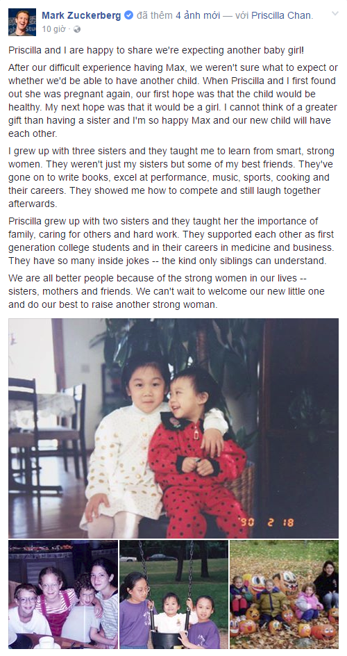  Bài viết của Zuckerberg cùng ảnh hồi nhỏ của anh và vợ chụp cùng các chị gái 