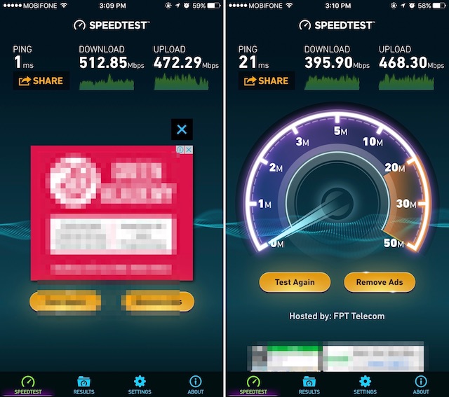  Đây là kết quả thử nghiệm trên iPhone 7 Plus, bên trái là server FPT Hà Nội, còn bên phải là server ở Singapore. 