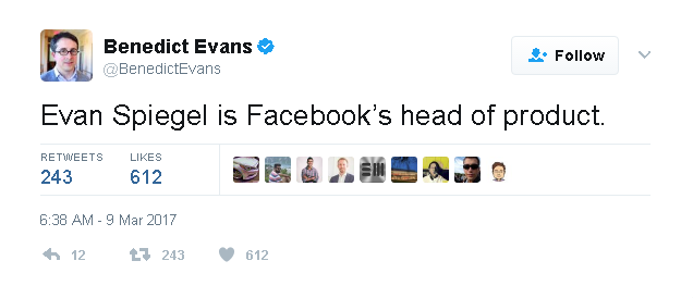  Sự thật bất ngờ: Evan Spiegel chính là giám đốc sản phẩm của Facebook. 