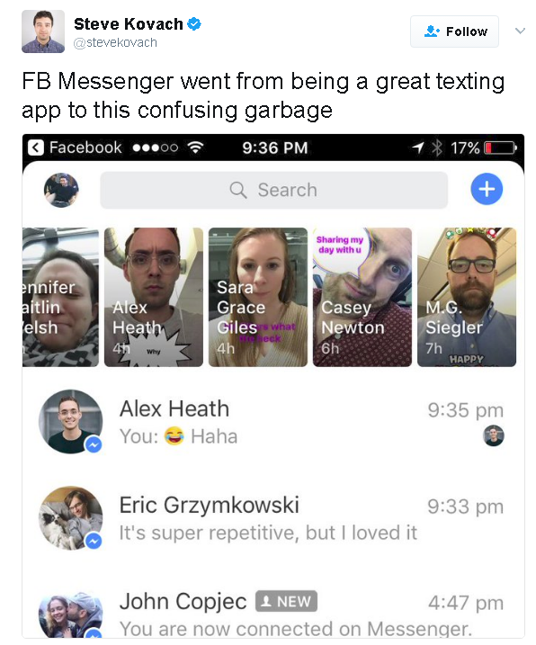  FB Messenger từ một ứng dụng nhắn tin tuyệt vời trở thành một đống rác hỗn độn. 