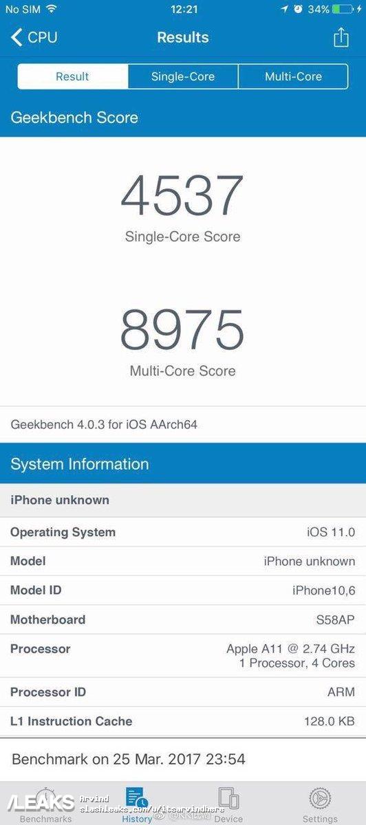  Kết quả thử nghiệm của thiết bị được cho là iPhone 8 trên Geekbench 4 