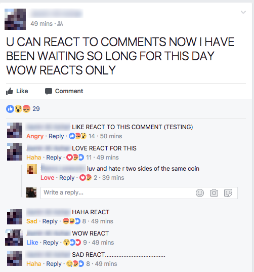  Người dùng Facebook nước ngoài hào dùng thử nút Reaction dành cho bình luận 