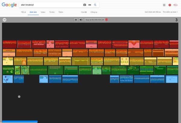  Khi tìm kiếm từ khoá Atari Breakout, sau đó chuyển qua tab Images (Hình ảnh) là chúng ta có thể bắt đầu chơi ngay trò đập bóng phá các ô gạch. Để tìm kiếm hình ảnh bình thường chúng ta bấm Quay lại tìm kiếm hình ảnh. 