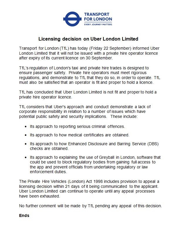  Trên tài khoản Twitter chính thức, TfL cho biết Uber không đủ điều kiện để được cung cấp giấy phép điều hành thuê tư nhân. 