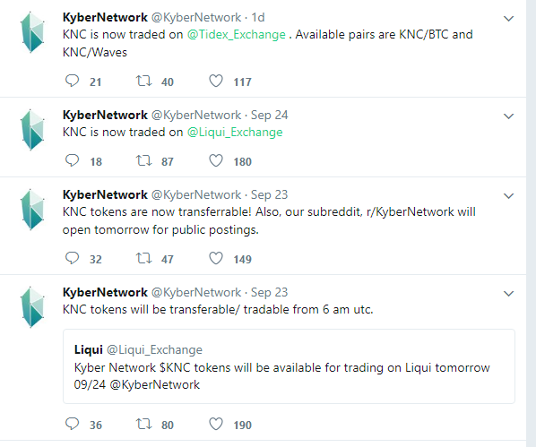  Kyber Network thông báo về việc niêm yết đồng tiền của mình chỉ vào cuối tuần trước 