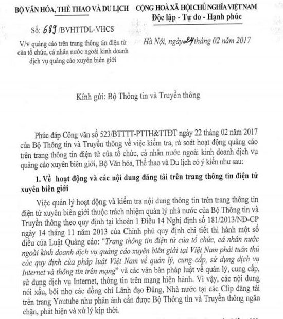 Công văn của Bộ VHTT&DL phúc đáp gửi Bộ TT&TT về việc quảng cáo trên trang thông tin điện tử của tổ chức, cá nhân nước ngoài kinh doanh dịch vụ quảng cáo xuyên biên giới.