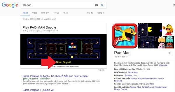  Trên trang chủ Google thì khi chúng ta tìm kiếm từ khoá Pac-Man, bạn sẽ thấy một khung hình đặc biệt mời nhấn vào để chơi. 