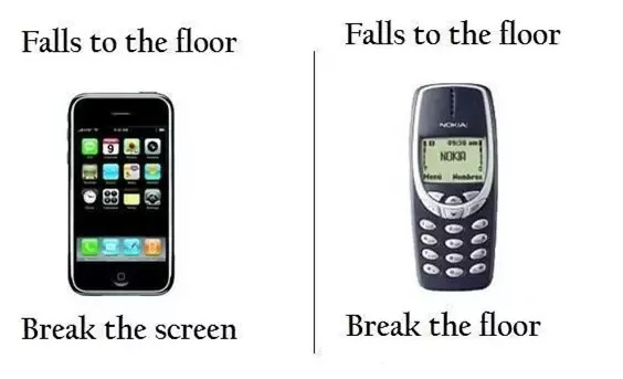  Iphone: Rơi xuống sàn nhà, màn hình vỡ tan Nokia: Rơi xuống sàn nhà, sàn nhà vỡ tan 