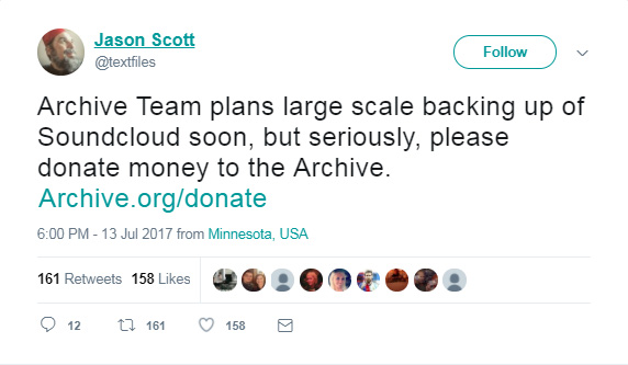  Nhà sáng lập Archive Team Jason Scott kêu gọi tiền tài trợ để có thể thực hiện được cuộc sao lưu lịch sử. 