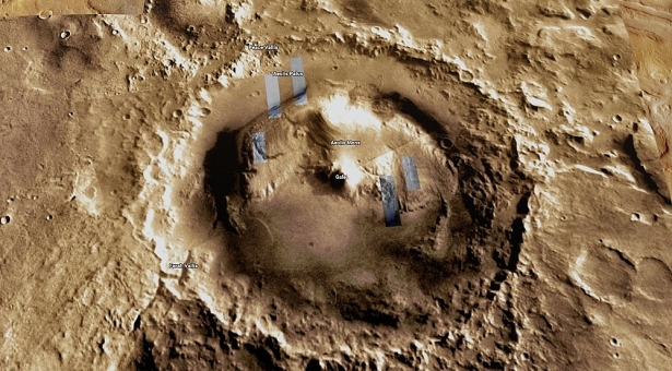 
Gale Crater, khu vực hạ cánh của tàu vũ trụ Curiosity với nhiệm vụ khám phá Sao Hỏa (phòng vào ngày 26/11/2011)

