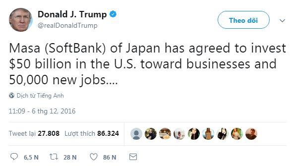  Masa (SoftBank) của Nhật Bản đã đồng ý đầu tư 50 tỷ USD (1.1 triệu tỷ VND) vào Mỹ cho các doanh nghiệp và 50.000 việc làm mới … - Donald J. Trump. 