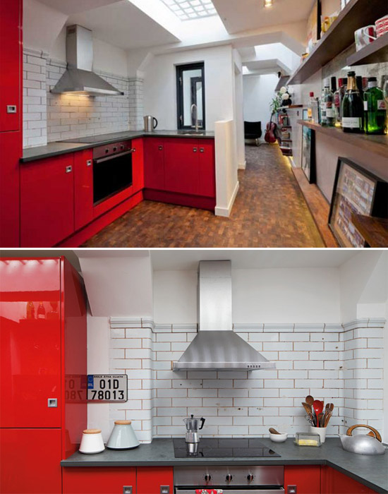  Căn bếp tuy nhỏ nhưng vô cùng ấm áp và ngăn nắp với tông màu trắng và đỏ làm chủ đạo, tủ bếp hình chữ L được khéo léo thiết kế vừa tiết kiệm diện tích cho căn bếp, vừa tiện lợi và có thể chứa được nhiều đồ 