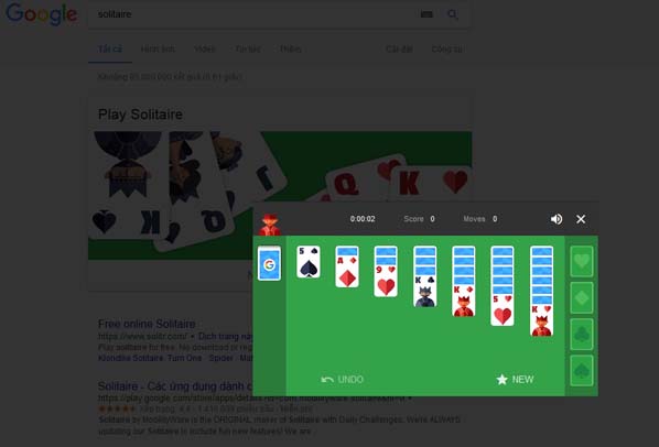  Hãy thử chơi game xếp bài Solitaire trên Google bằng cách tìm từ khoá Solitaire. 