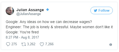  Assange tweet cuộc hội thoại giả định giữa Google và nhân viên của họ. 