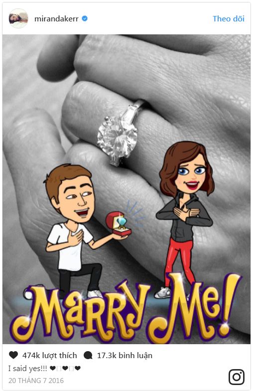 Miranda Kerr khoe nhẫn đính hôn trên Instagram