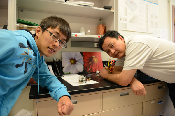 Chàng sinh viên Ming Gong (trái) và giáo sư Hongjie Dai của trường Stanford đã phát triển thành công loại pin nhôm-ion 