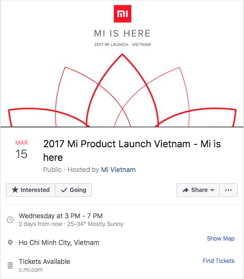 Sự kiện Xiaomi ra mắt tại Việt Nam sẽ được diễn ra vào lúc 3h chiều ngày 15/3 