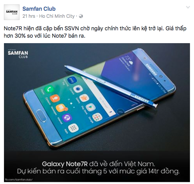  Fanpage Samfan Club cho biết Galaxy Note7R sẽ bán từ cuối tháng 5 với giá dự kiến 14 triệu đồng 