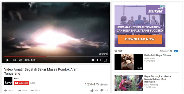  Video về người đàn ông tự thiêu với hơn 1 triệu view lại có quảng cáo dịch vụ Marketo ngay bên cạnh 