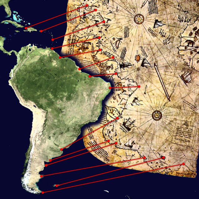  Các mảnh sót lại của bản đồ Piri Reis thấy bờ biển miền Trung và Nam Mỹ (ảnh) 