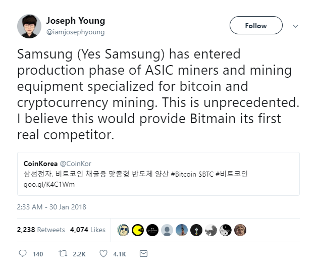  Samsung (phải, là Samsung đó) đã bước vào giai đoạn sản xuất mạch ASIC đào coin và các thiết bị dành riêng cho việc đào bitcon và các đồng tiền mã hóa khác. Điều này chưa từng có tiền lệ. Tôi tin rằng đây sẽ là kẻ cạnh tranh thực sự đầu tiên với Bitmain, nhà phân tích tiền mã hóa, cây bút cho Hacked, Binary District, CNN, Cointelegraph, Joseph Young viết trên Twitter. 