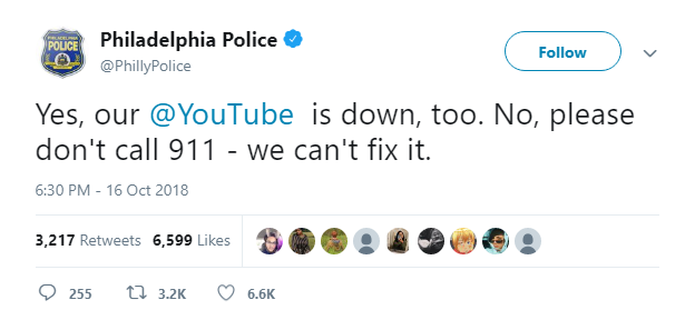 Cảnh sát Mỹ đăng tweet yêu cầu người dân ngừng gọi 911 để thông báo việc Youtube sập - Ảnh 2.