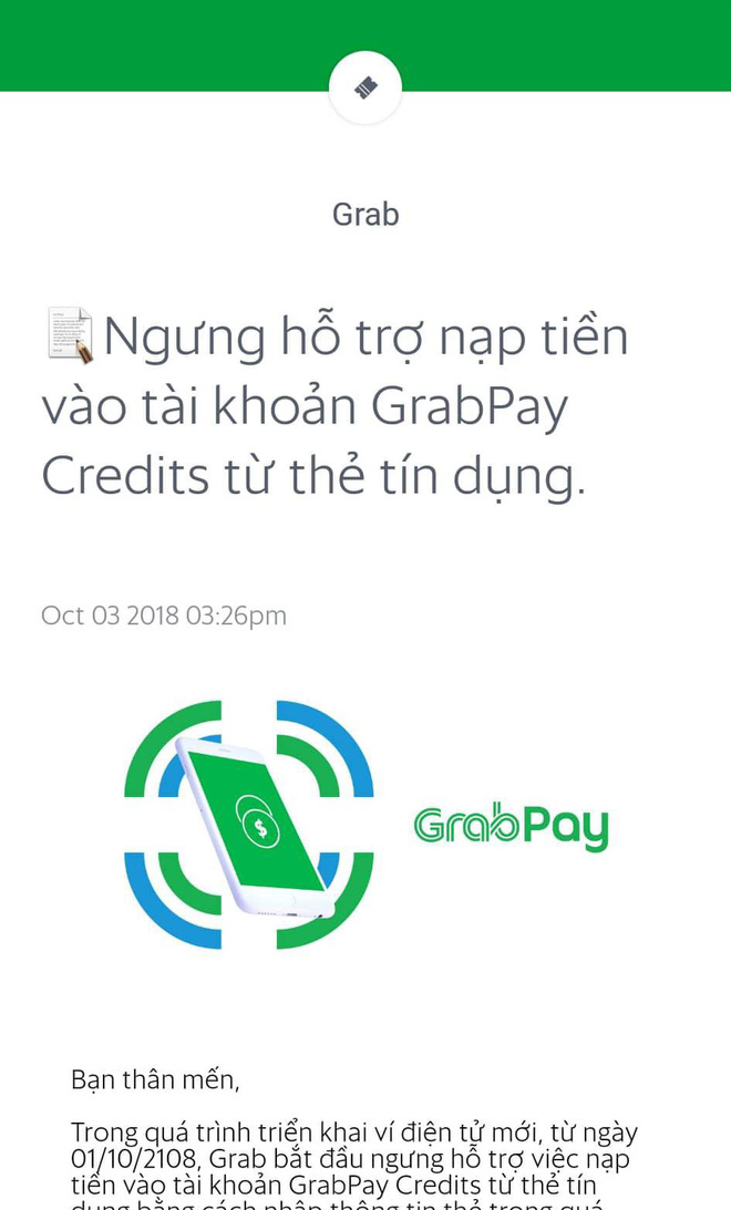 Ứng dụng Grab chính thức phát đi thông báo ngưng hỗ trợ nạp tiền GrabPay từ thẻ tín dụng - Ảnh 1.