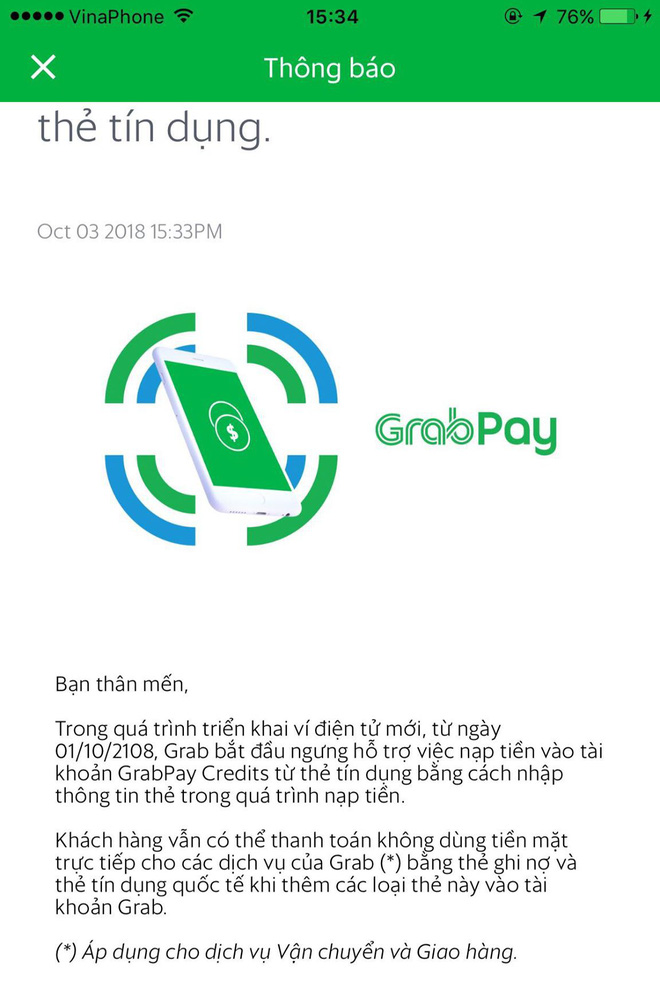 Ứng dụng Grab chính thức phát đi thông báo ngưng hỗ trợ nạp tiền GrabPay từ thẻ tín dụng - Ảnh 2.