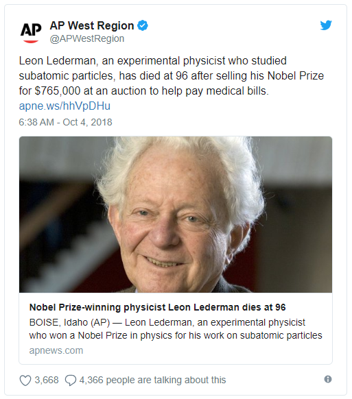 Nhà vật lý này đã bán cả giải Nobel Vật lý của mình lấy 765.000 USD thanh toán các hóa đơn y tế - Ảnh 1.