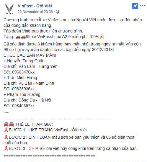 Sắp hết năm 2018 nhưng hàng nghìn dân mạng Việt vẫn bị lừa share fanpage để nhận xe Vinfast miễn phí - Ảnh 1.