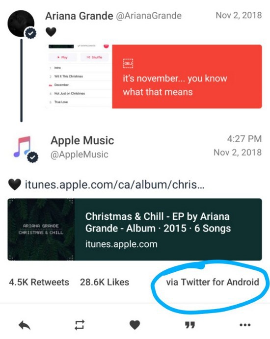 Bất ngờ khi người quản lý tài khoản Apple Music lại dùng smartphone Android để đăng tweet quảng cáo - Ảnh 1.