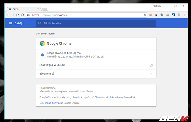  Bước 1: Tiến hành cập nhật Google Chrome trên Windows lên phiên bản mới nhất thông qua mục Trợ giúp > Giới thiệu về Google Chrome. 