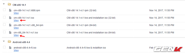  Bước 1: Truy cập vào đường dẫn này và tìm đến dòng CM-x86 14.1. Ở đây bạn hãy lựa chọn tải về gói ISO phiên bản Android 7 phù hợp với cấu trúc máy tính của mình. 