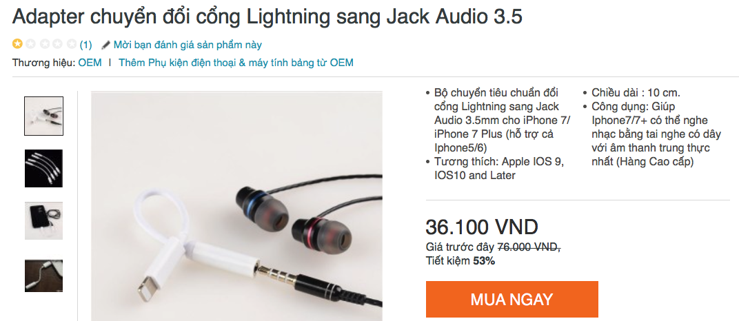 Jack chuyển tai nghe iPhone lightning sang 3.5 mm