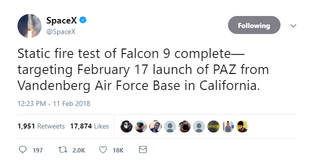  Thử nghiệm đốt tên lửa tĩnh của Falcon 9 đã xong - đang nhắm tới việc phóng vệ tinh PAZ vào ngày 17 tháng Hai từ Căn cứ Không quân Vandenberg tại California. 