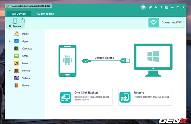  Hoàn tất cài đặt, giao diện của Coolmuster Android Assistant sẽ hiện ra trên desktop. Ở đây bạn có thể kết nối thiết bị Android với máy tính để làm việc với Coolmuster Android Assistant thông qua cáp kết nối hoặc thông qua Wi-Fi nếu máy tính và thiết bị sử dụng chung một mạng. 