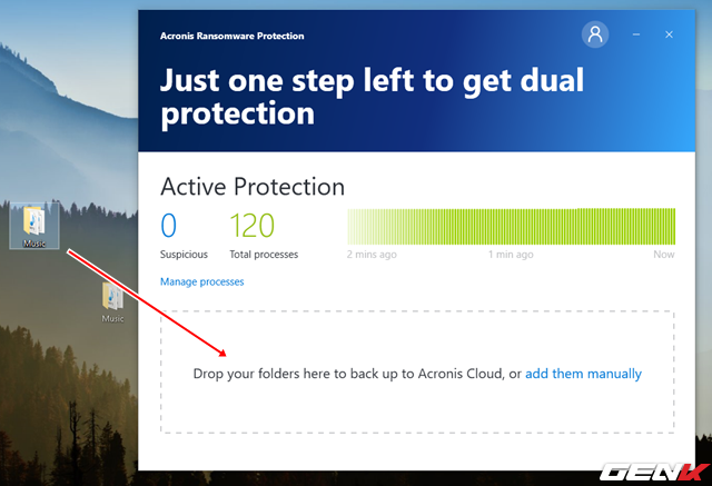  Ngoài tính năng phòng chống ransomware, Acronis Ransomware Protection còn cung cấp cho người dùng 5 GB không gian lưu trữ đám mây để sao lưu dữ liệu. Để sử dụng, bạn chỉ việc kéo/thả tập tin, thư mục vào khu vực “Drop your folders here to backup to Acronis Cloud,…” 