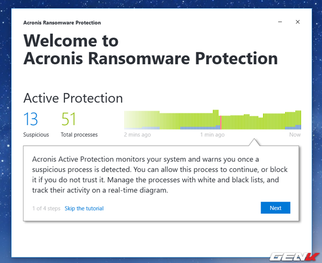  Khi đã đăng nhập (đăng ký) thành công, bạn sẽ được chuyển sang giao diện chính của Acronis Ransomware Protection với các thông tin giới thiệu cho lần đầu tiên sử dụng. 